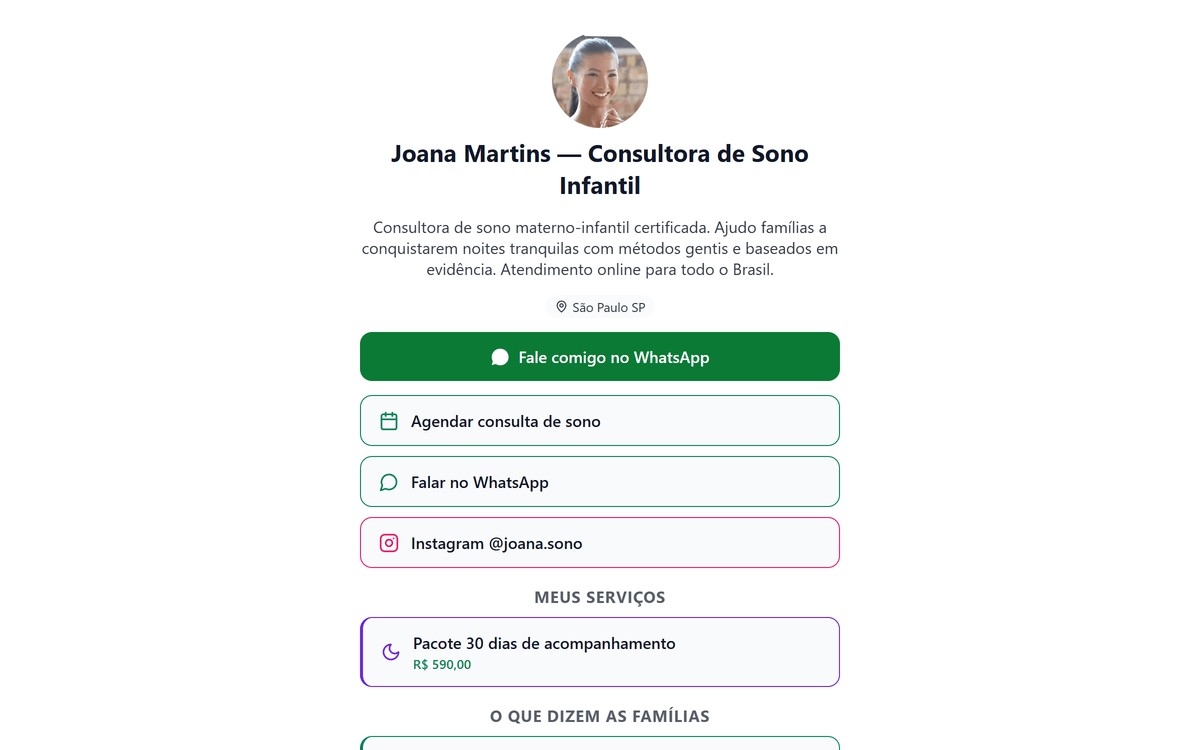 Página de bio link pública mostrando cabeçalho do consultor, bloco de programa do sono e botão de agendamento