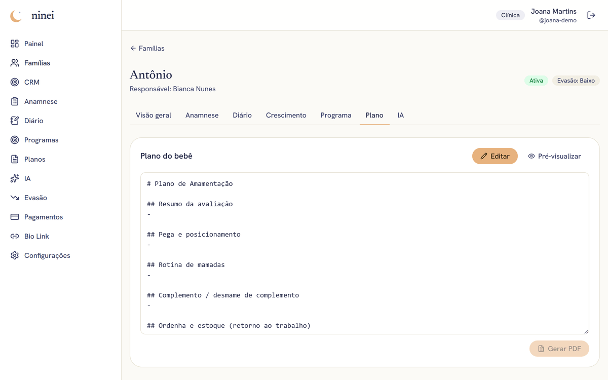 Editor de plano de amamentação (pega, rotina de mamadas, ordenha) na Cuidei